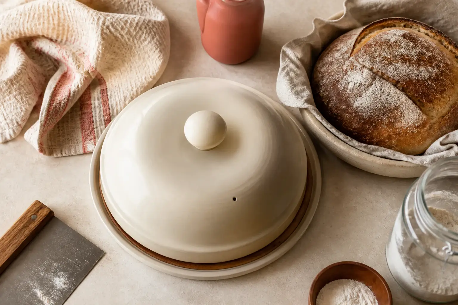 Qué campana para hornear pan comprar representada con utensilios genéricos en una cocina doméstica