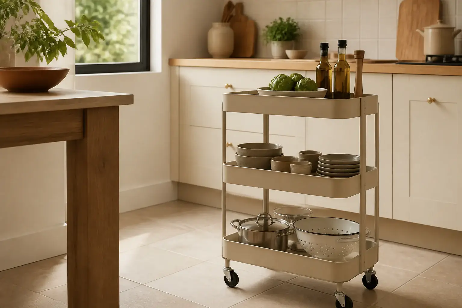 Qué carro auxiliar para cocina comprar representada con utensilios genéricos en una cocina doméstica