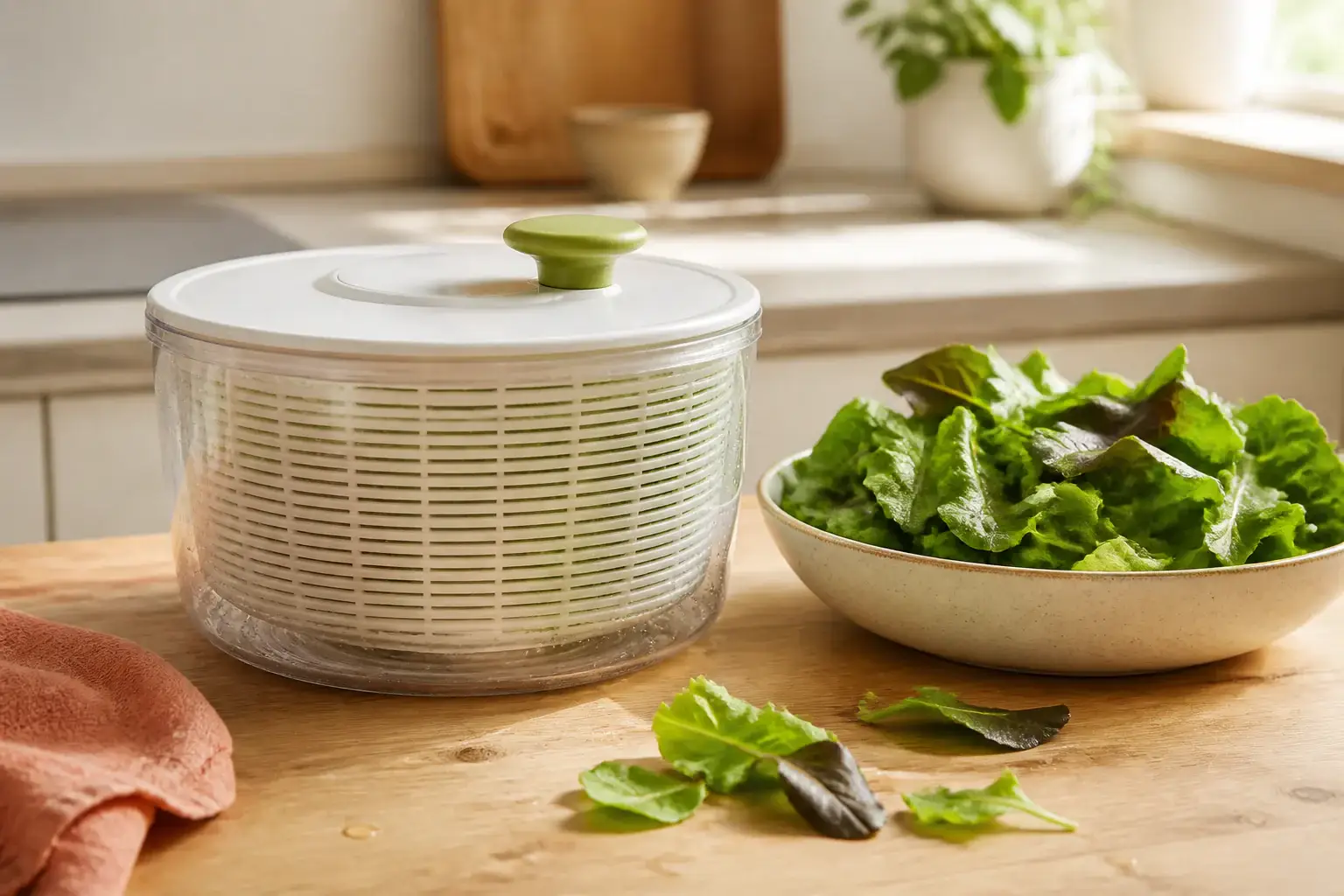 Centrifugador de ensalada genérico junto a hojas verdes limpias