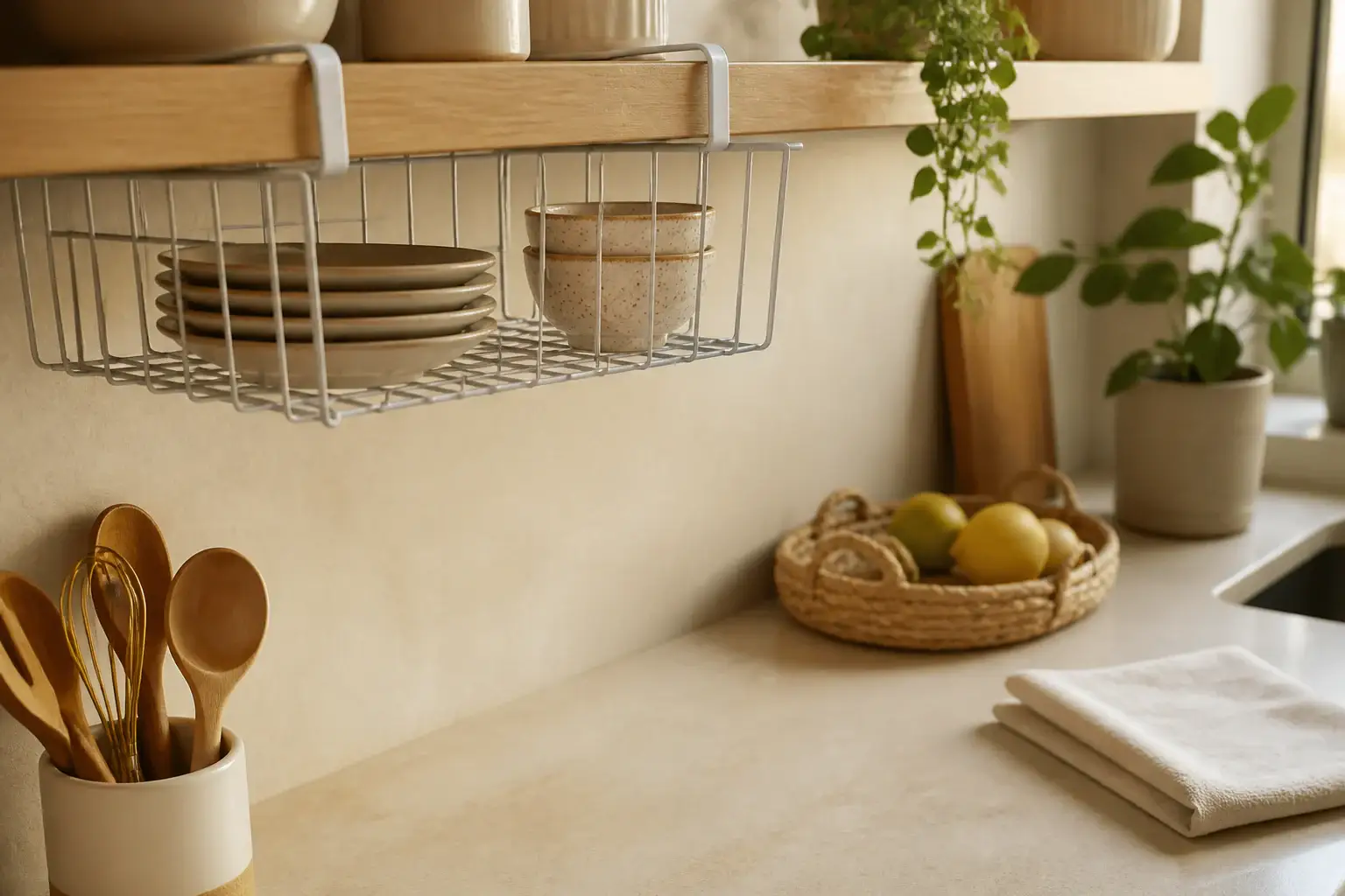 Qué cesta bajo estante comprar representada con utensilios genéricos en una cocina doméstica