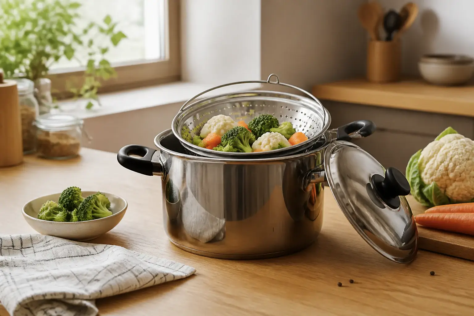 Olla genérica de uso diario con tapa y verduras preparadas alrededor