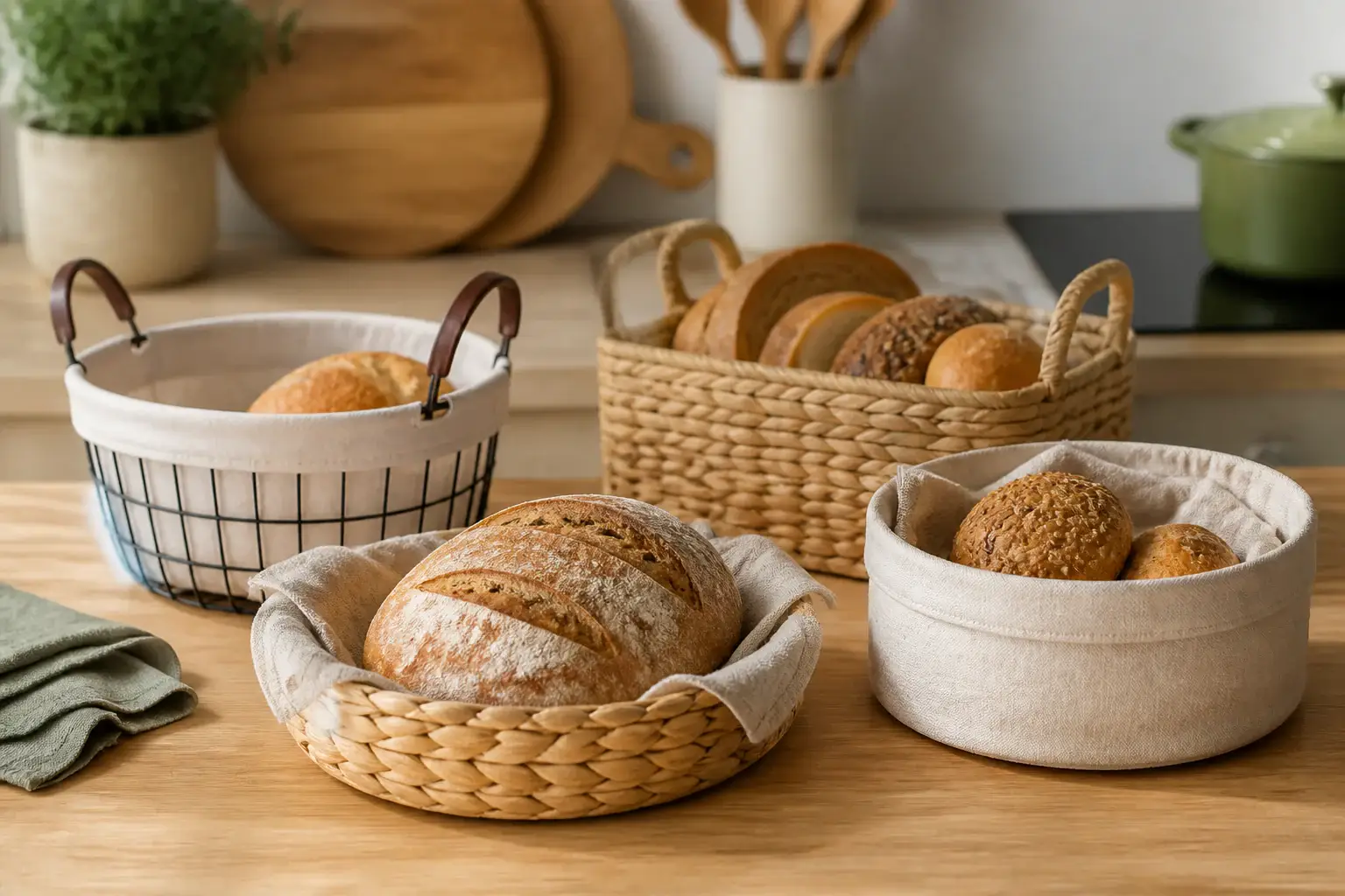 Qué cesta para servir pan comprar representada con utensilios genéricos en una cocina doméstica