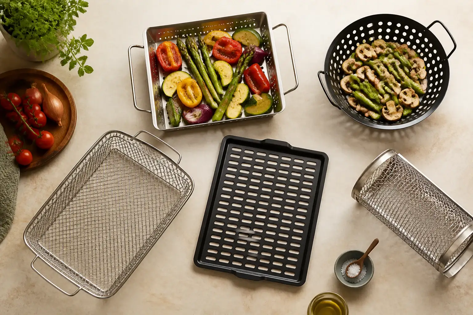 Qué cesta para verduras de barbacoa comprar representada con utensilios genéricos en una cocina doméstica