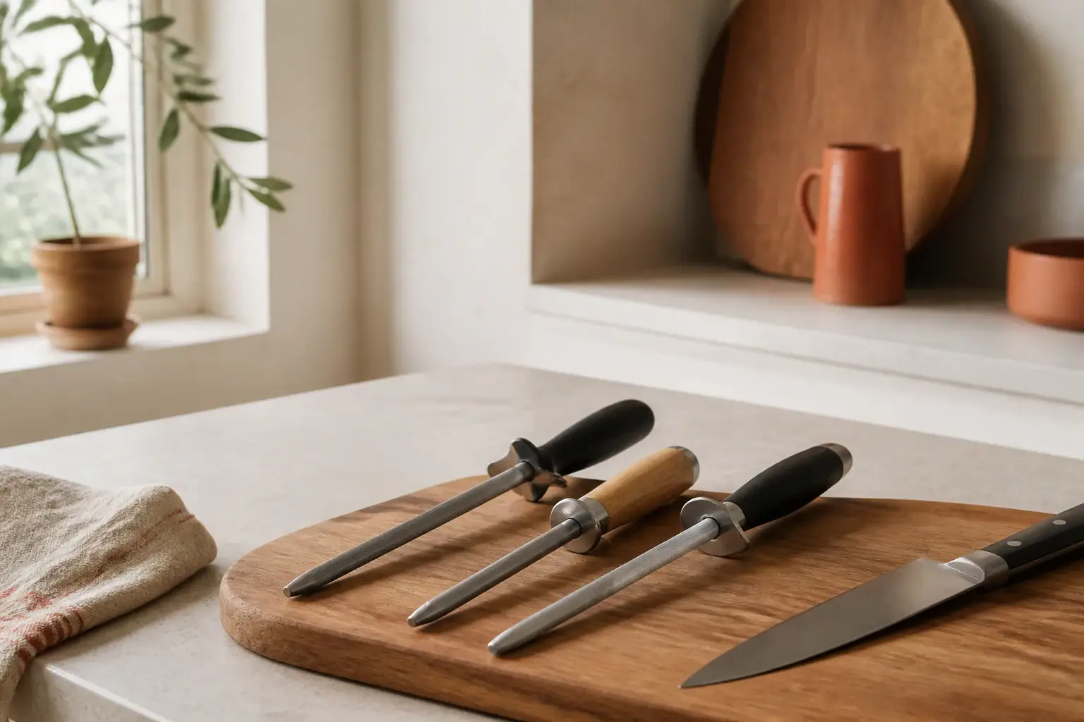 Qué chaira comprar para cuchillos representada con utensilios genéricos en una cocina doméstica