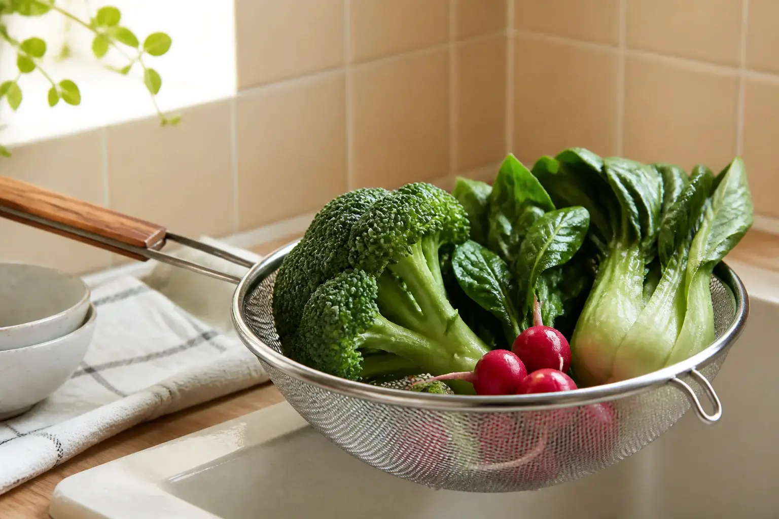 Colador de cocina genérico con verduras lavadas y gotas de agua