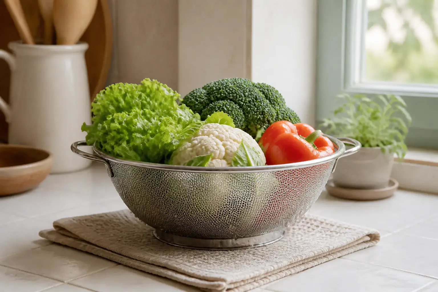 Colador de cocina genérico con verduras lavadas y gotas de agua