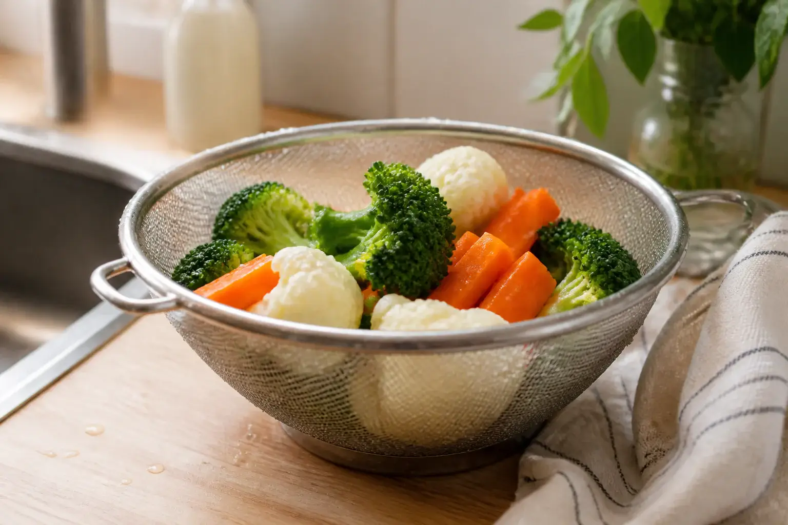 Colador de cocina genérico con verduras lavadas y gotas de agua