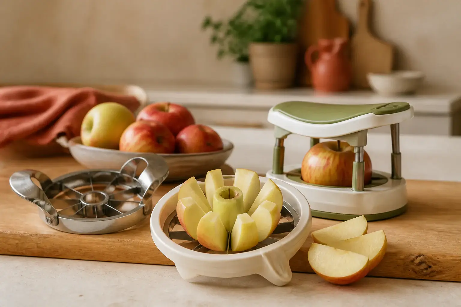 Qué cortador de manzanas comprar representada con utensilios genéricos en una cocina doméstica