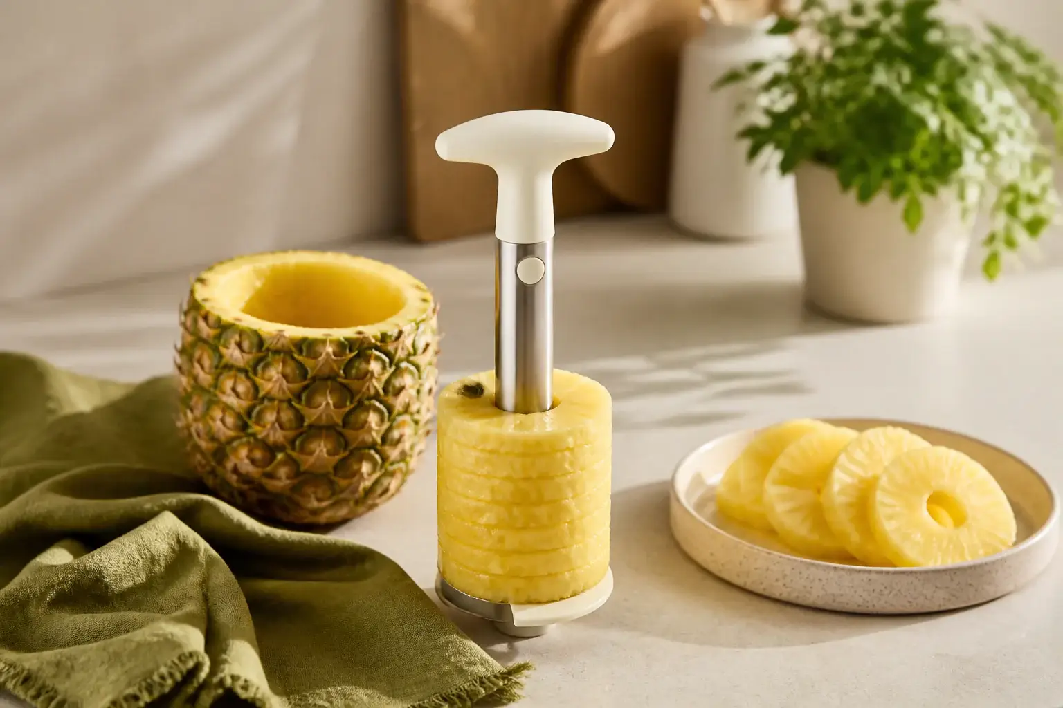 Qué cortador de piña comprar representada con utensilios genéricos en una cocina doméstica