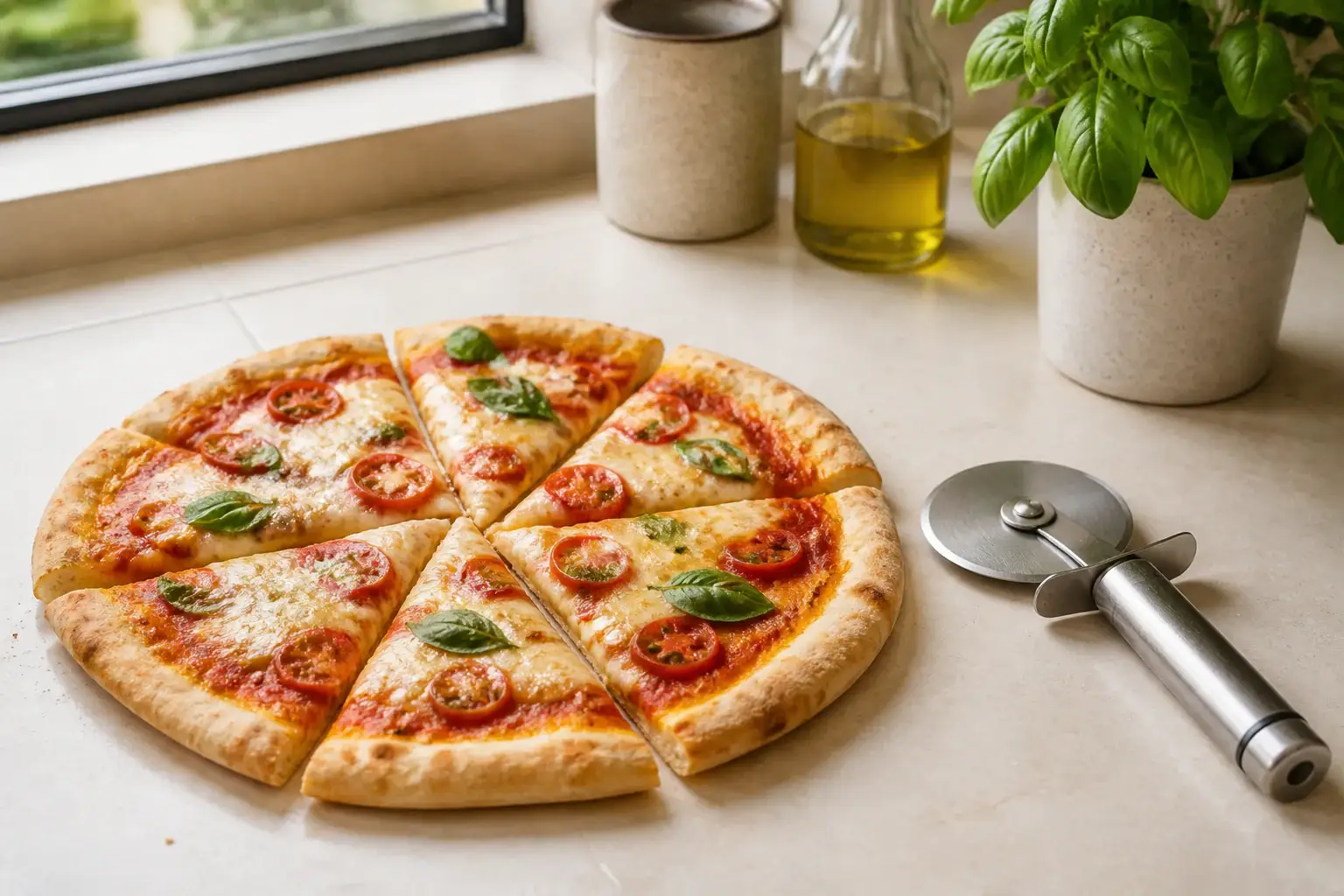 Cortador de pizza genérico junto a una pizza casera recién cortada