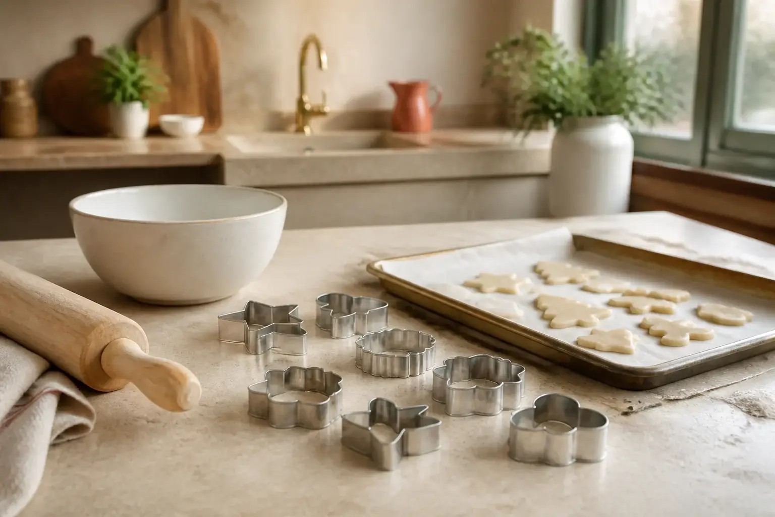 Qué cortadores de galletas comprar representada con utensilios genéricos en una cocina doméstica