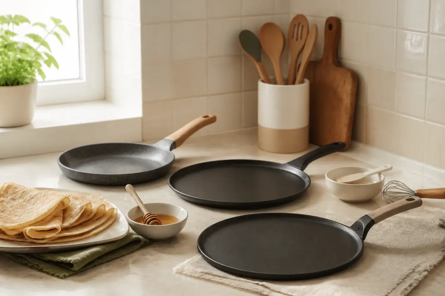 Qué crepera comprar representada con utensilios genéricos en una cocina doméstica