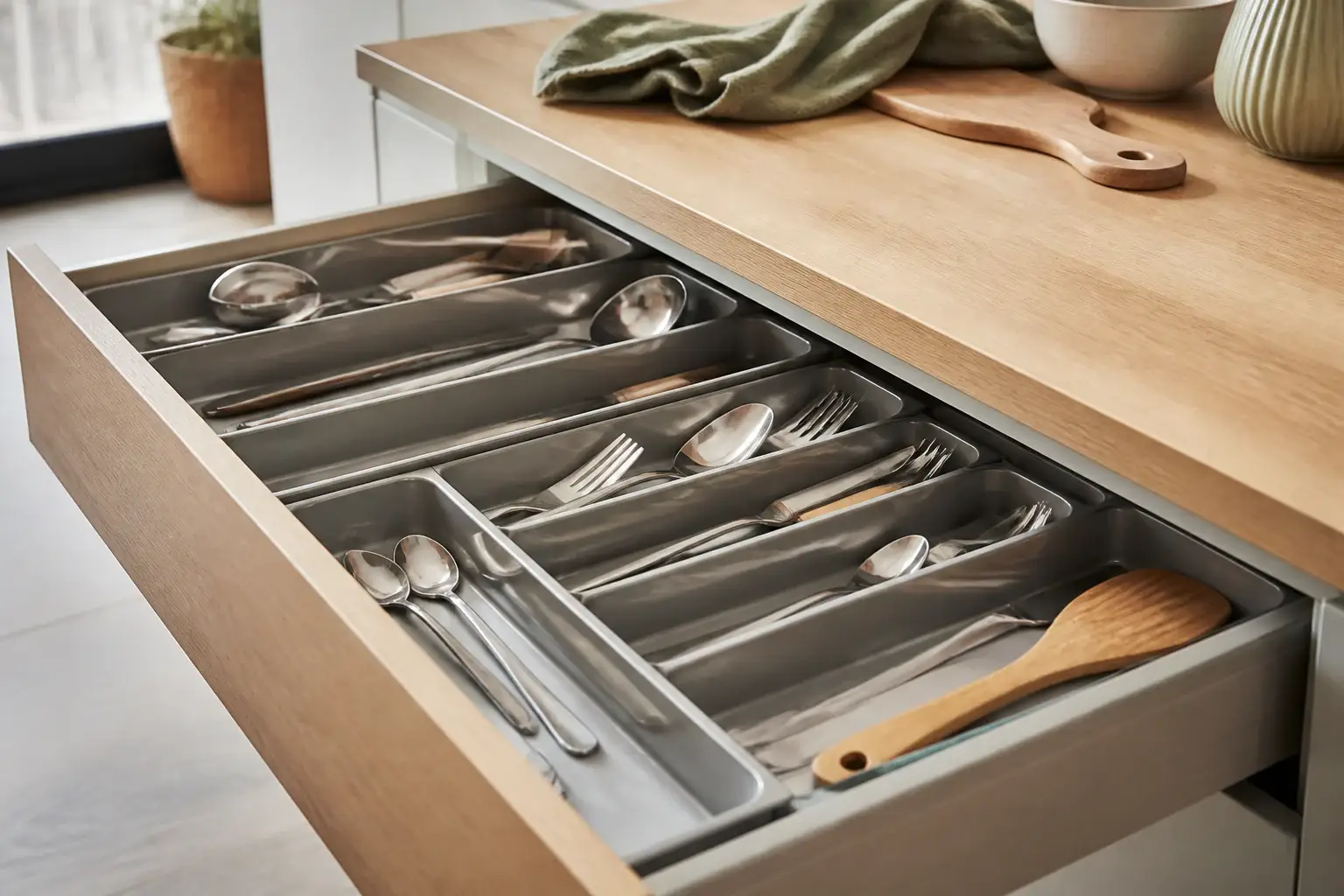 Qué cubertero extensible comprar representada con utensilios genéricos en una cocina doméstica