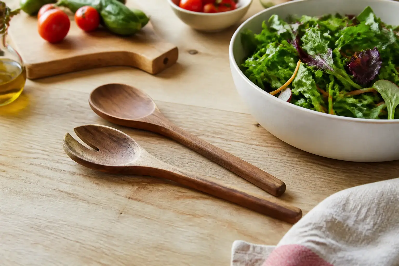 Qué cubiertos para ensalada comprar representada con utensilios genéricos en una cocina doméstica