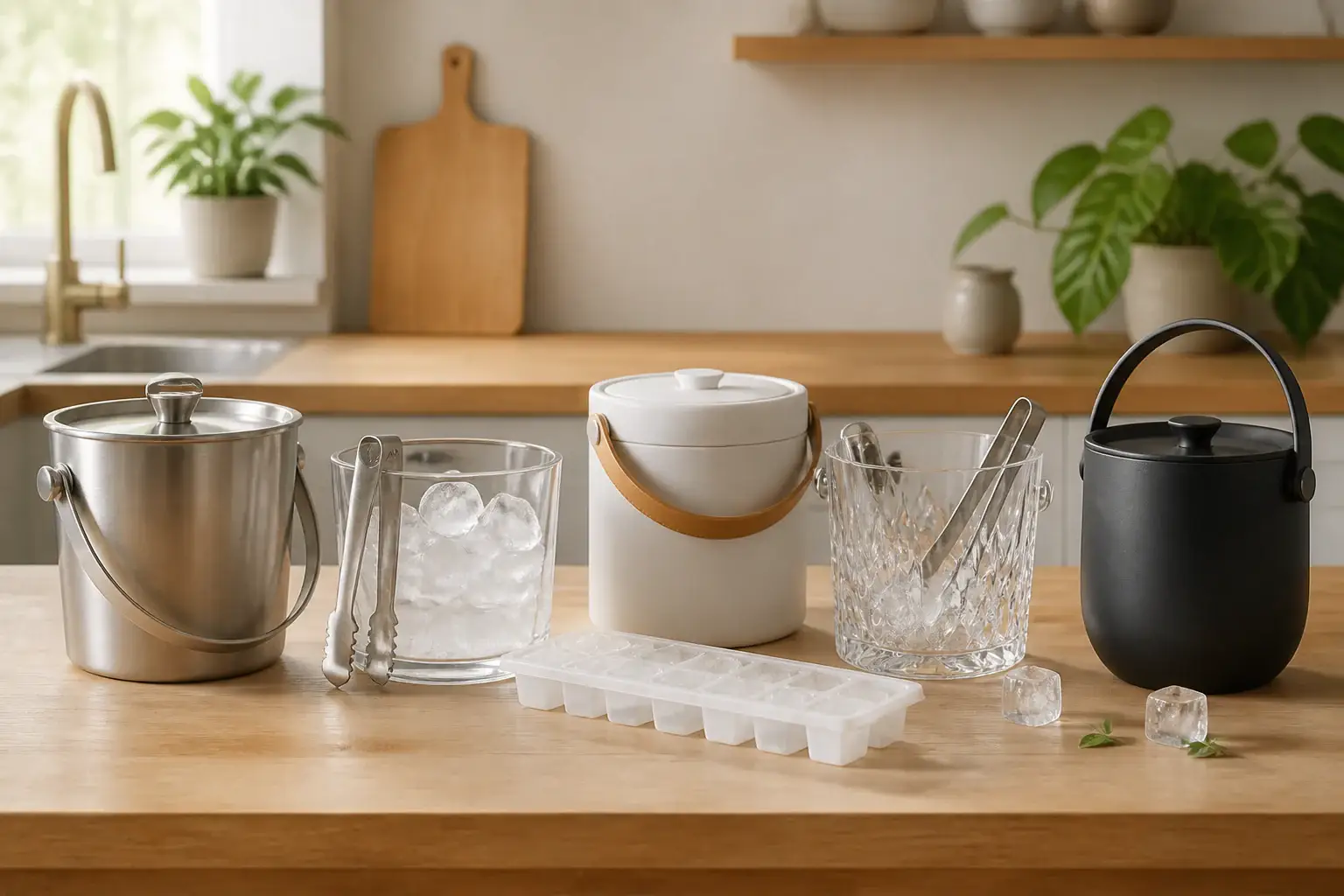 Qué cubitera comprar representada con utensilios genéricos en una cocina doméstica