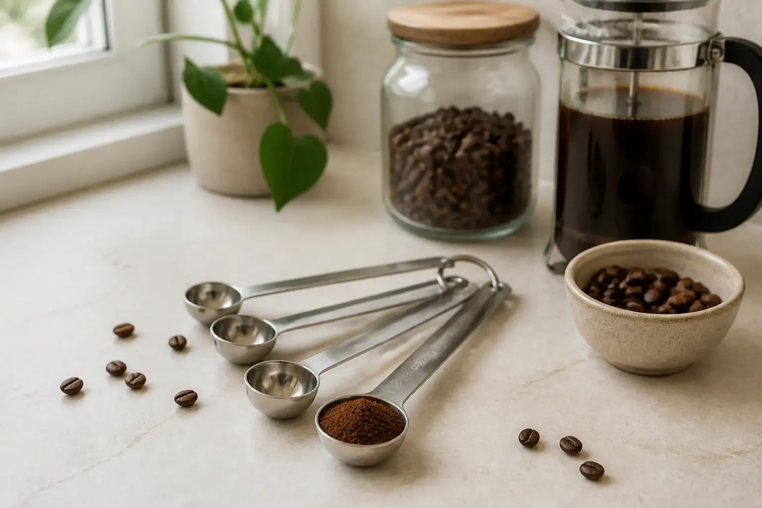 Qué cuchara medidora de café comprar representada con utensilios genéricos en una cocina doméstica