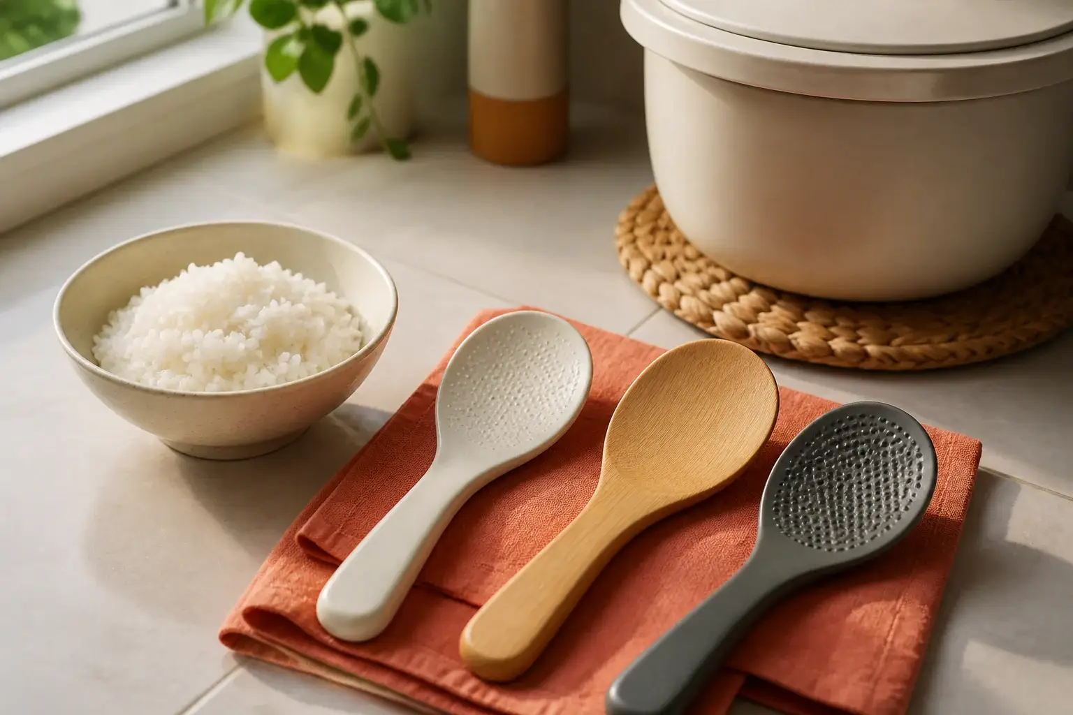Qué cuchara para servir arroz comprar representada con utensilios genéricos en una cocina doméstica