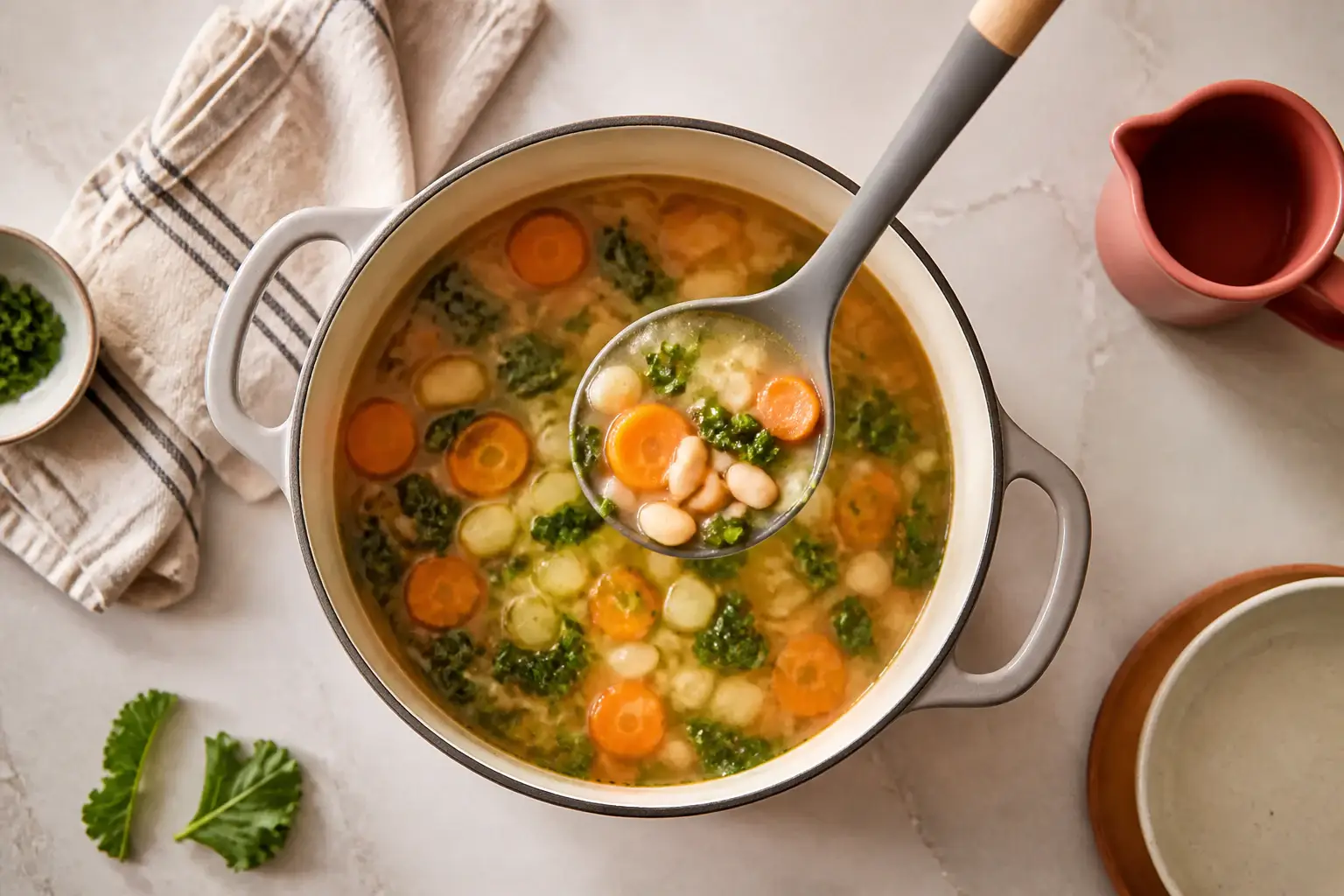 Cucharón genérico sirviendo sopa desde una olla doméstica