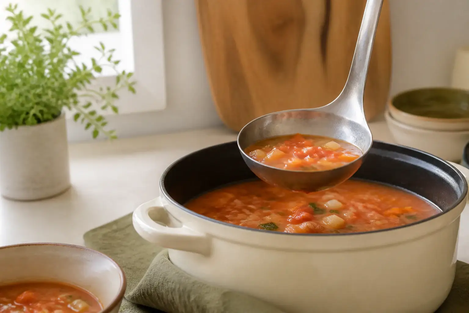 Cucharón genérico sirviendo sopa desde una olla doméstica