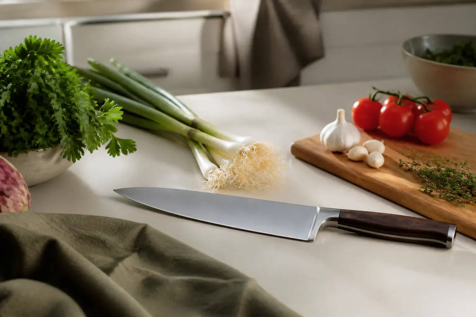 Cuchillo de chef genérico junto a verduras y hierbas en una cocina doméstica