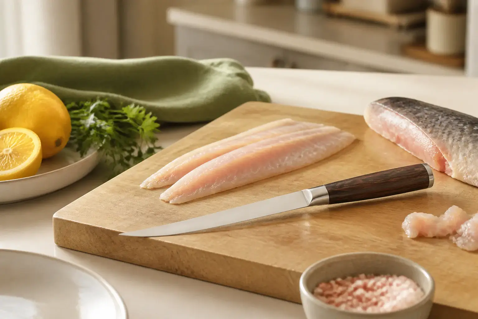 Qué cuchillo fileteador comprar representada con utensilios genéricos en una cocina doméstica