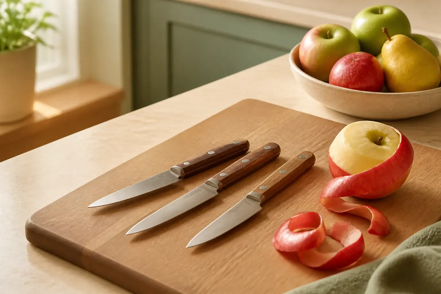Qué cuchillo para pelar fruta comprar representada con utensilios genéricos en una cocina doméstica