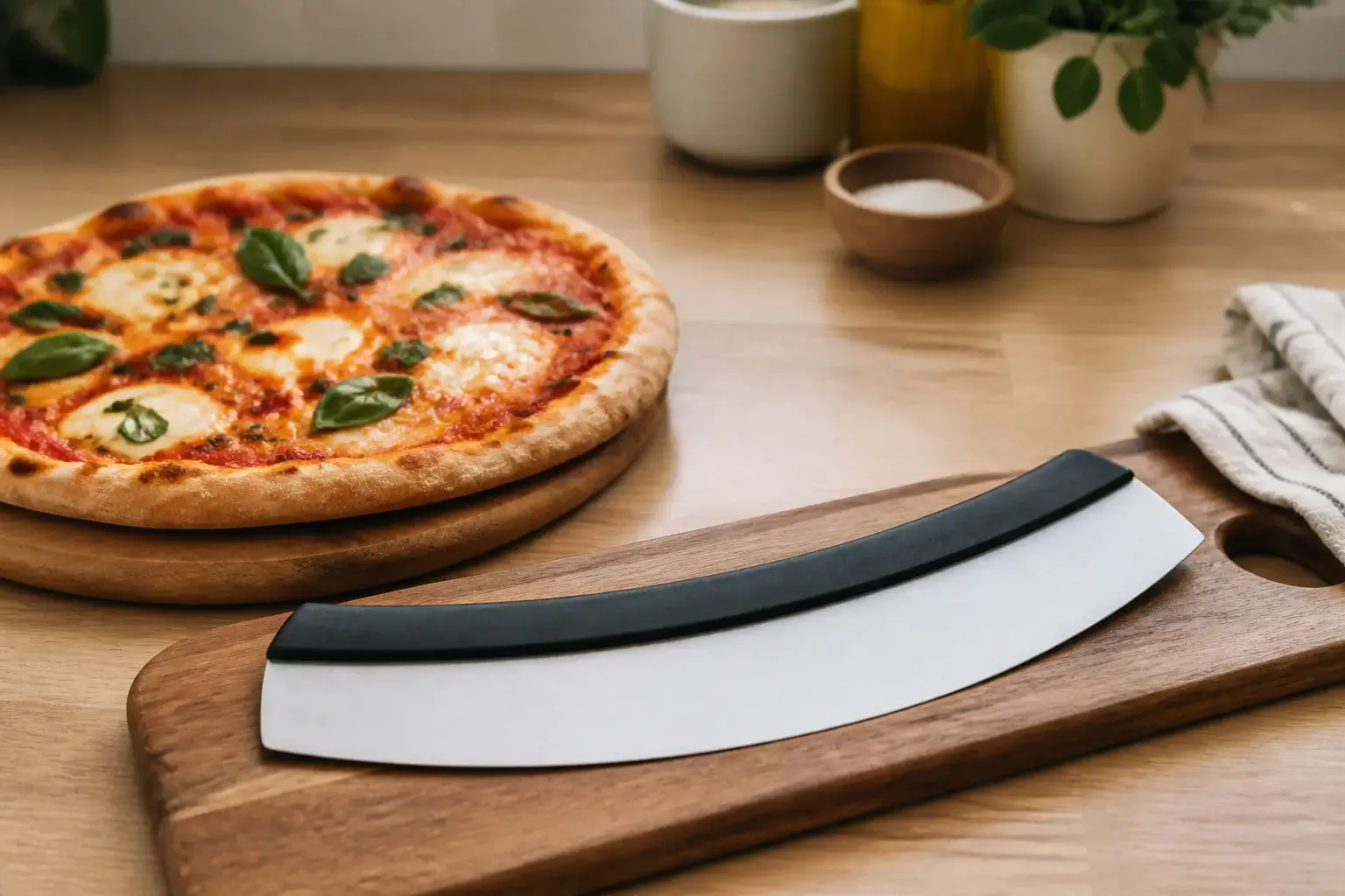 Qué cuchillo para pizza comprar representada con utensilios genéricos en una cocina doméstica