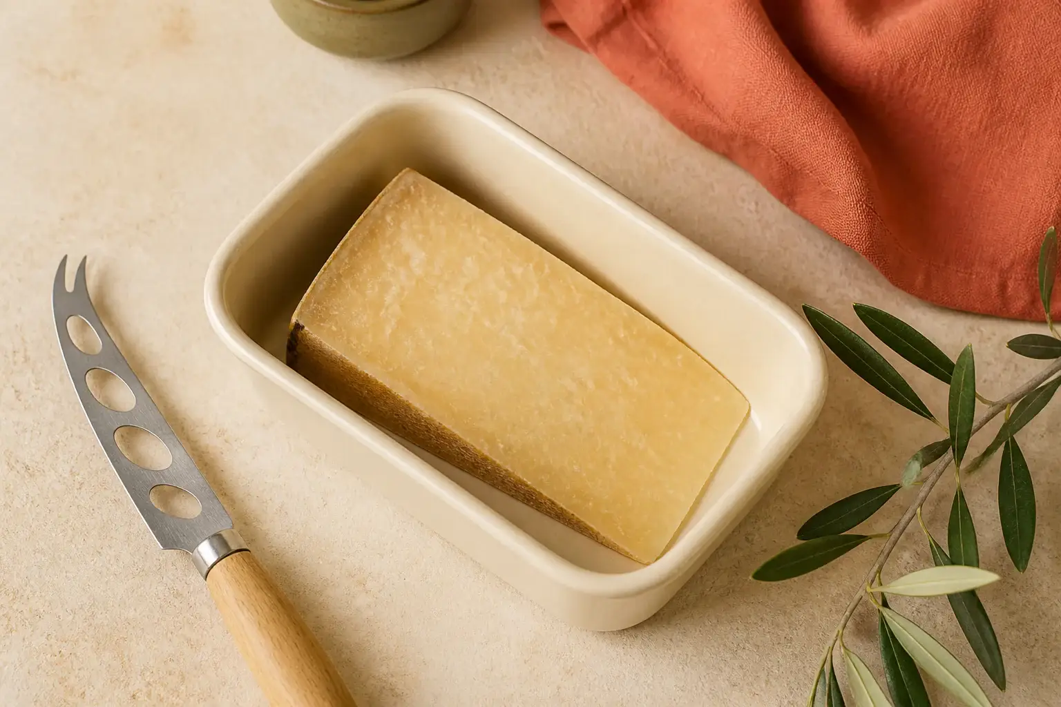 Recipiente genérico con una cuña de queso guardada de forma ordenada