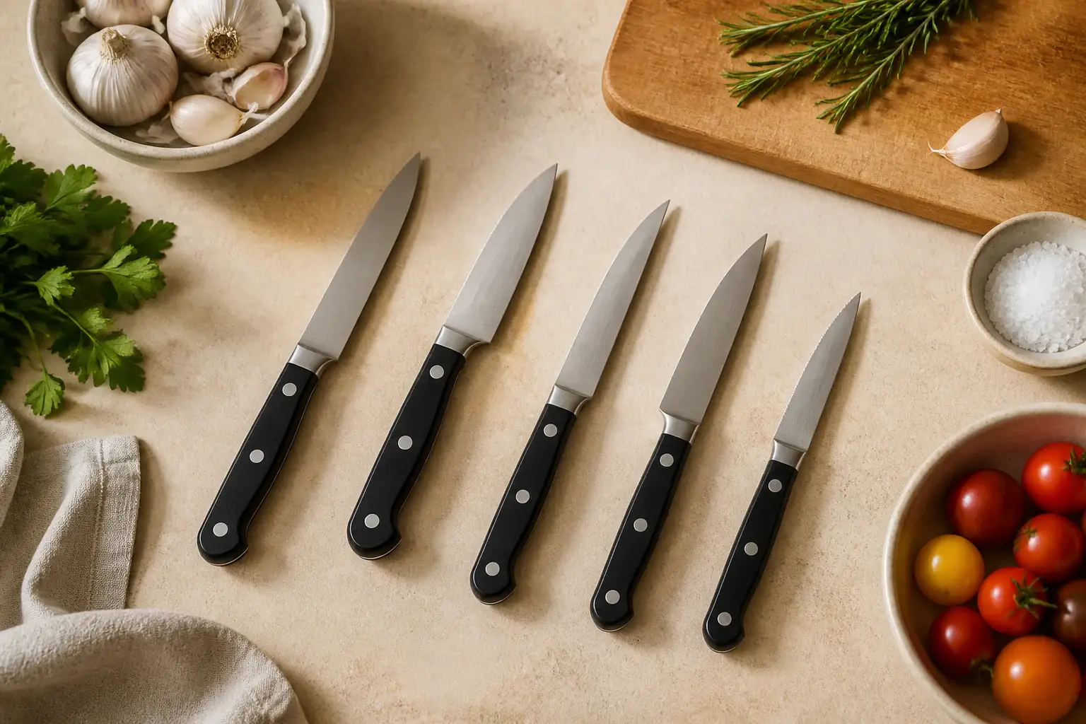 Qué cuchillo pequeño usar en cocina representada con utensilios genéricos en una cocina doméstica