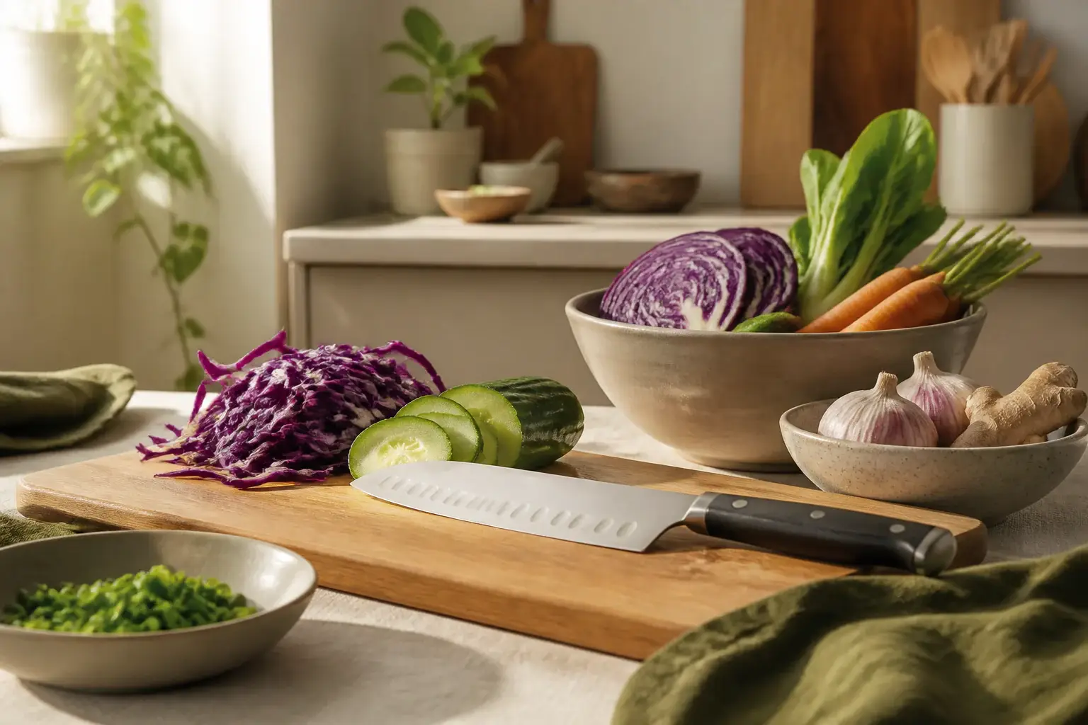 Qué cuchillo santoku comprar representada con utensilios genéricos en una cocina doméstica