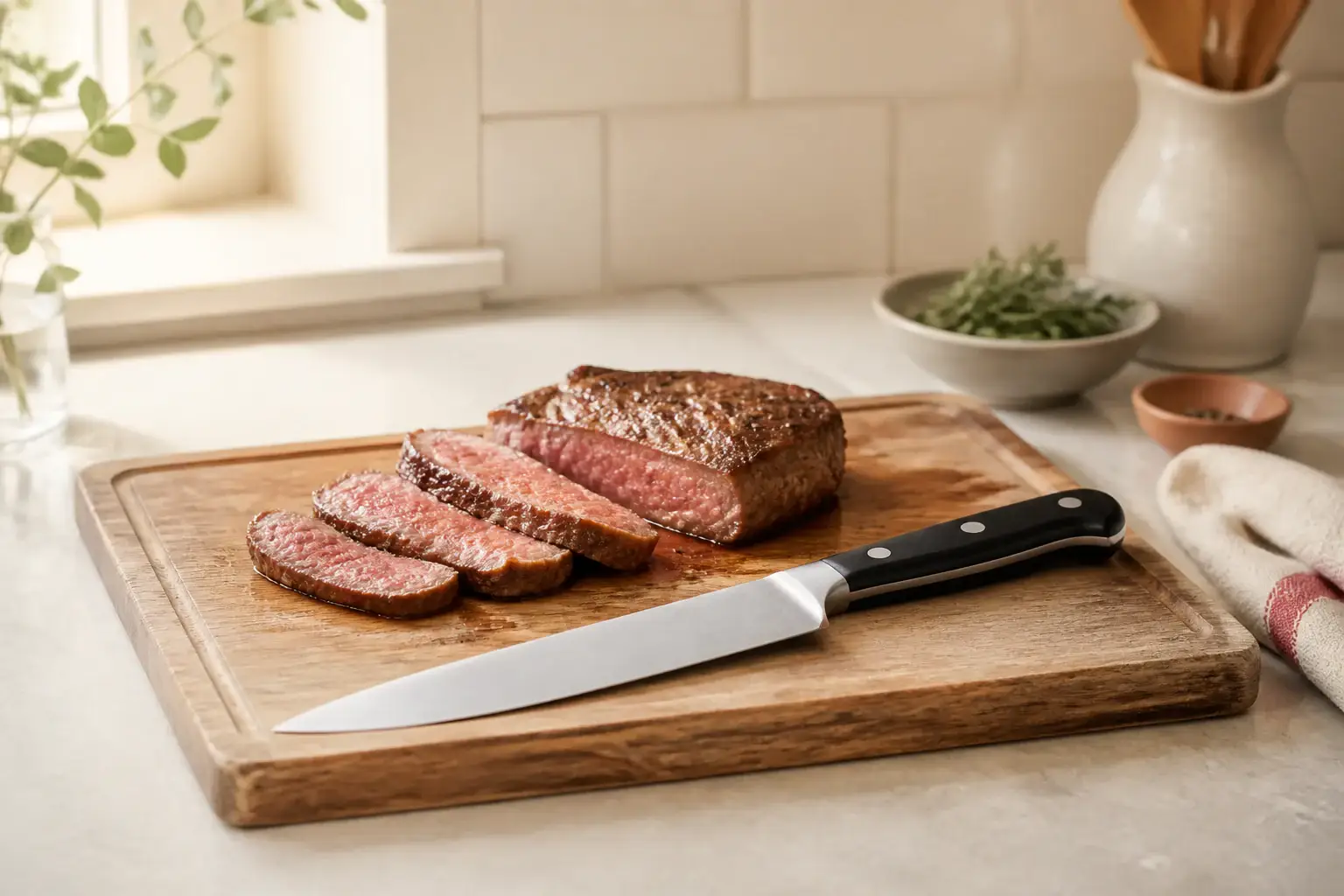 Cuchillo de cocina genérico junto a una pieza de carne cocinada sobre una tabla limpia