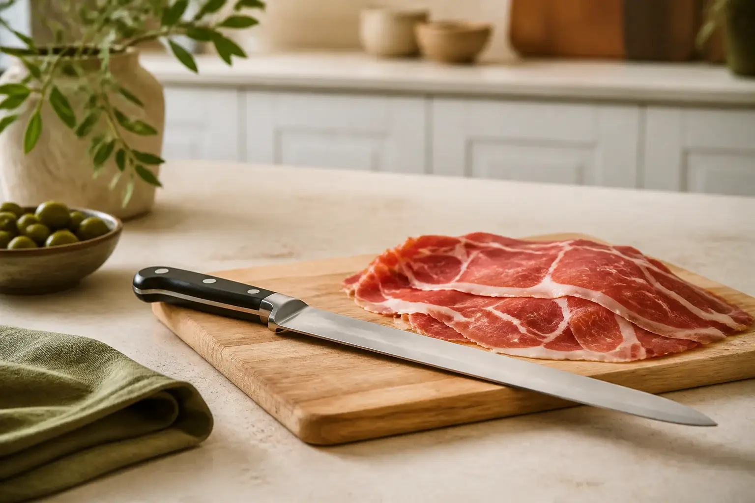 Cuchillo largo y estrecho junto a finas lonchas de jamón sobre una tabla