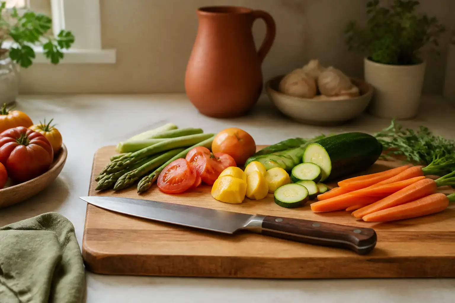 Cuchillo de cocina genérico junto a verduras frescas cortadas con tamaños regulares