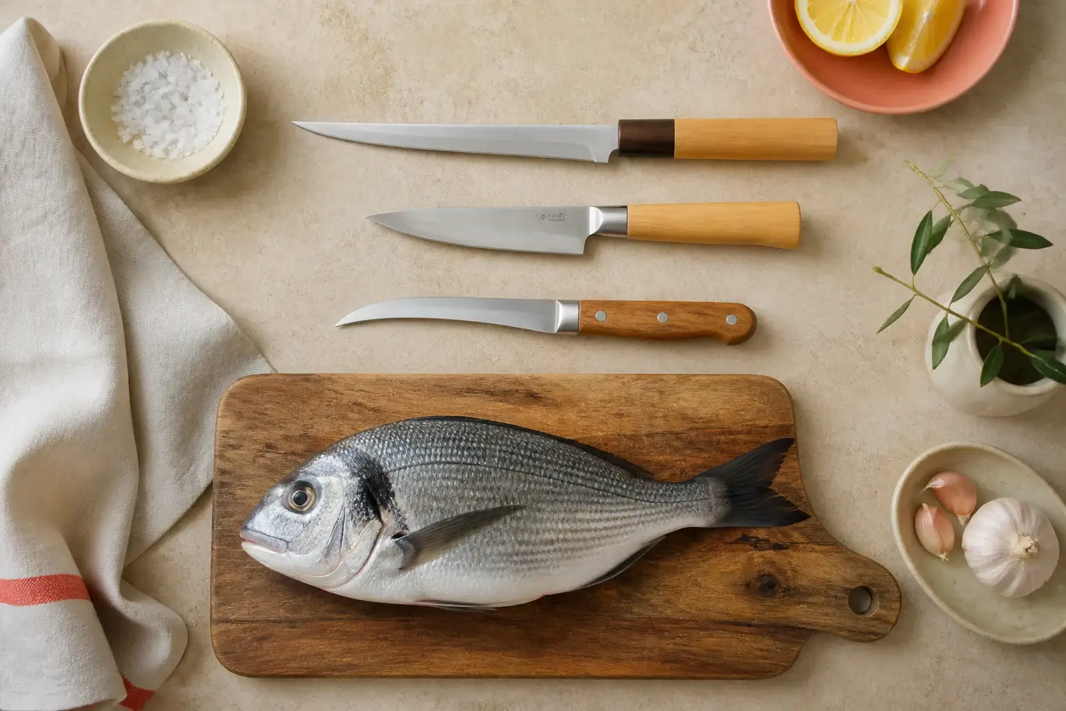 Qué cuchillo usar para limpiar pescado representada con utensilios genéricos en una cocina doméstica