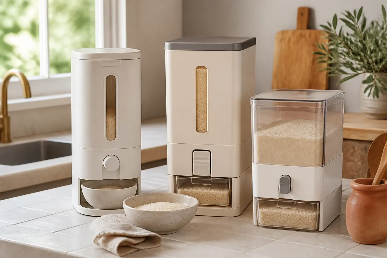 Qué dispensador de arroz comprar representada con utensilios genéricos en una cocina doméstica