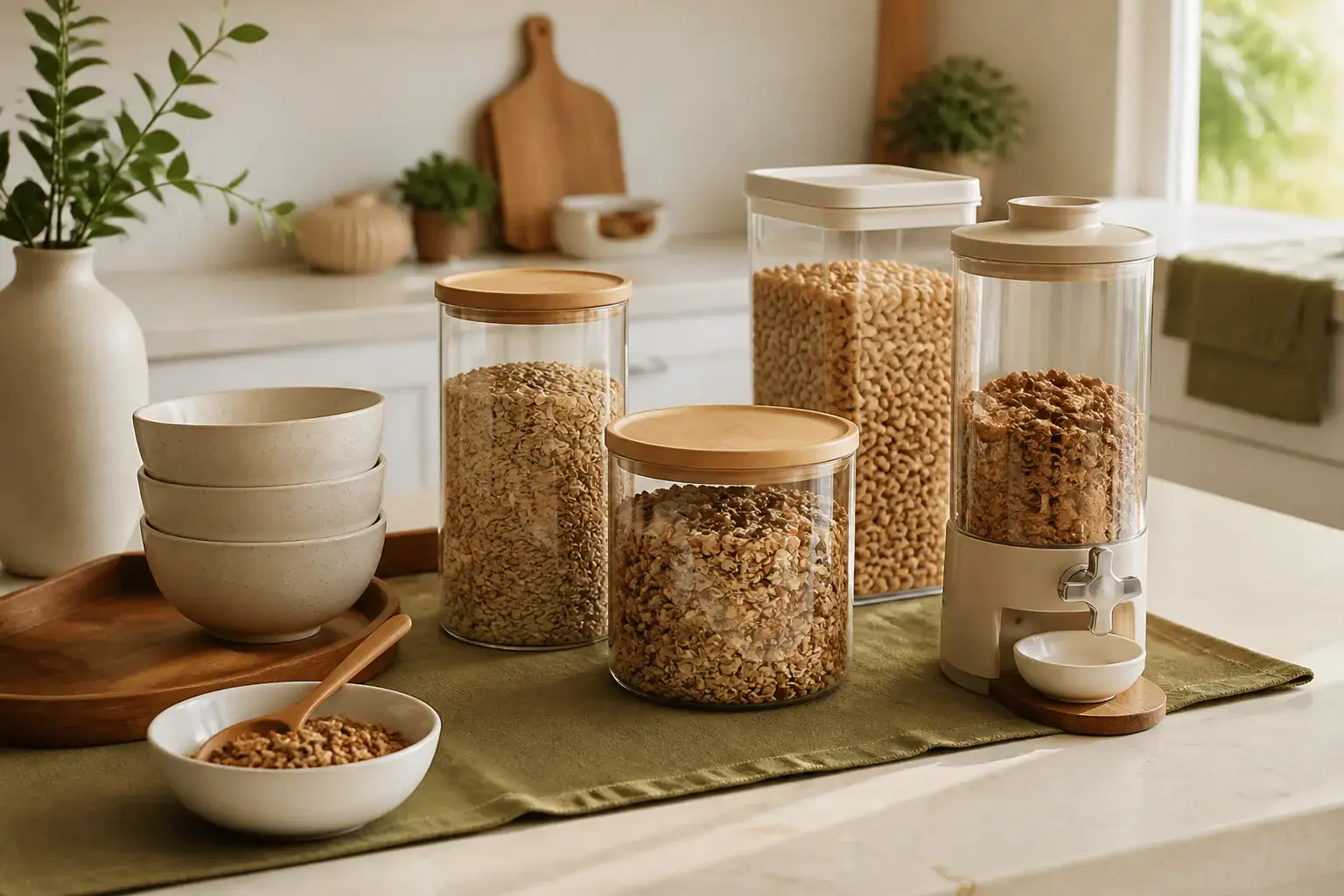 Qué dispensador de cereales comprar representada con utensilios genéricos en una cocina doméstica
