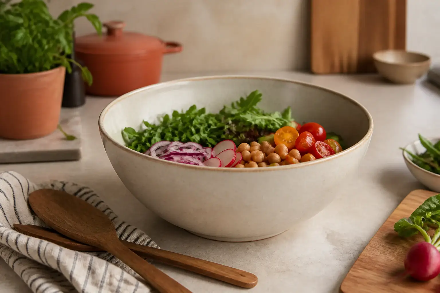 Bol de cocina genérico con ingredientes frescos listos para mezclar