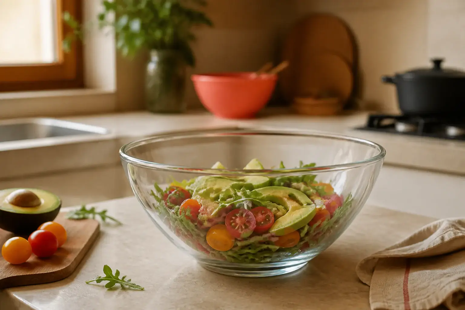 Bol de cocina genérico con ingredientes frescos listos para mezclar