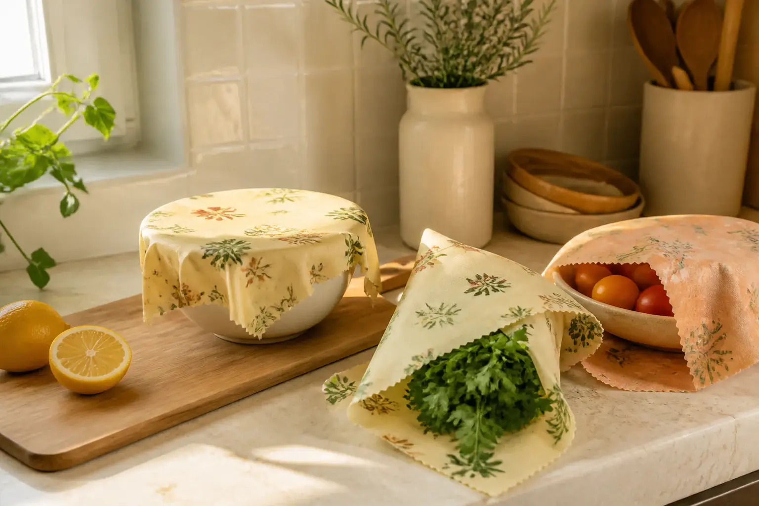 Qué envoltorios de cera de abeja comprar representada con utensilios genéricos en una cocina doméstica
