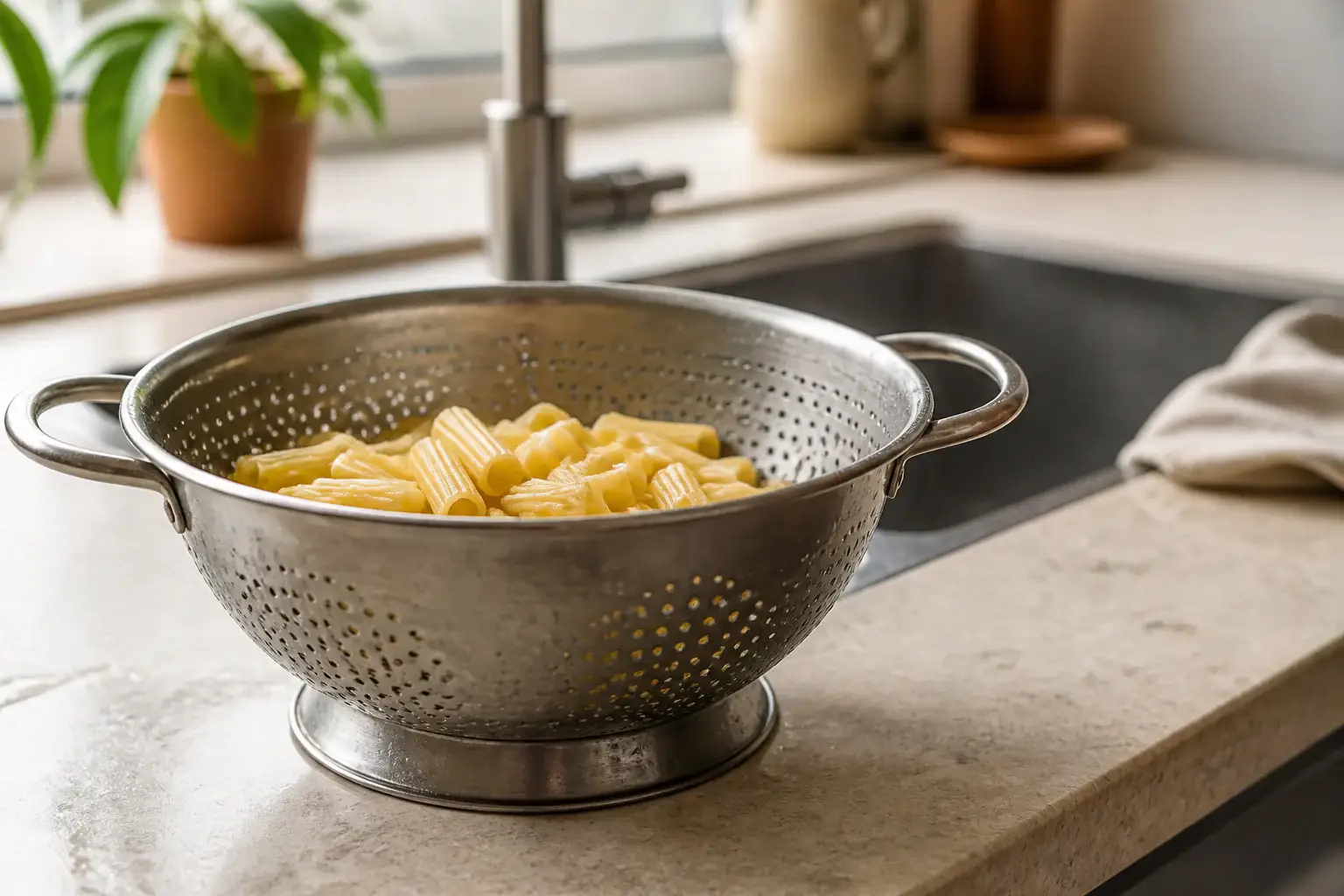 Escurridor genérico con pasta recién escurrida junto al fregadero