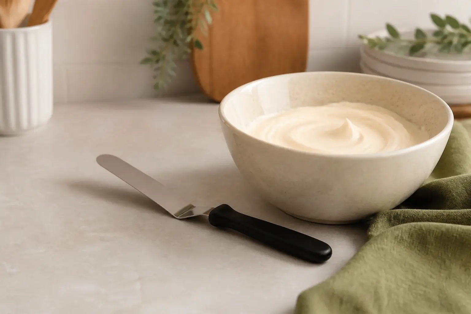 Espátula de cocina genérica junto a un bol con una mezcla suave