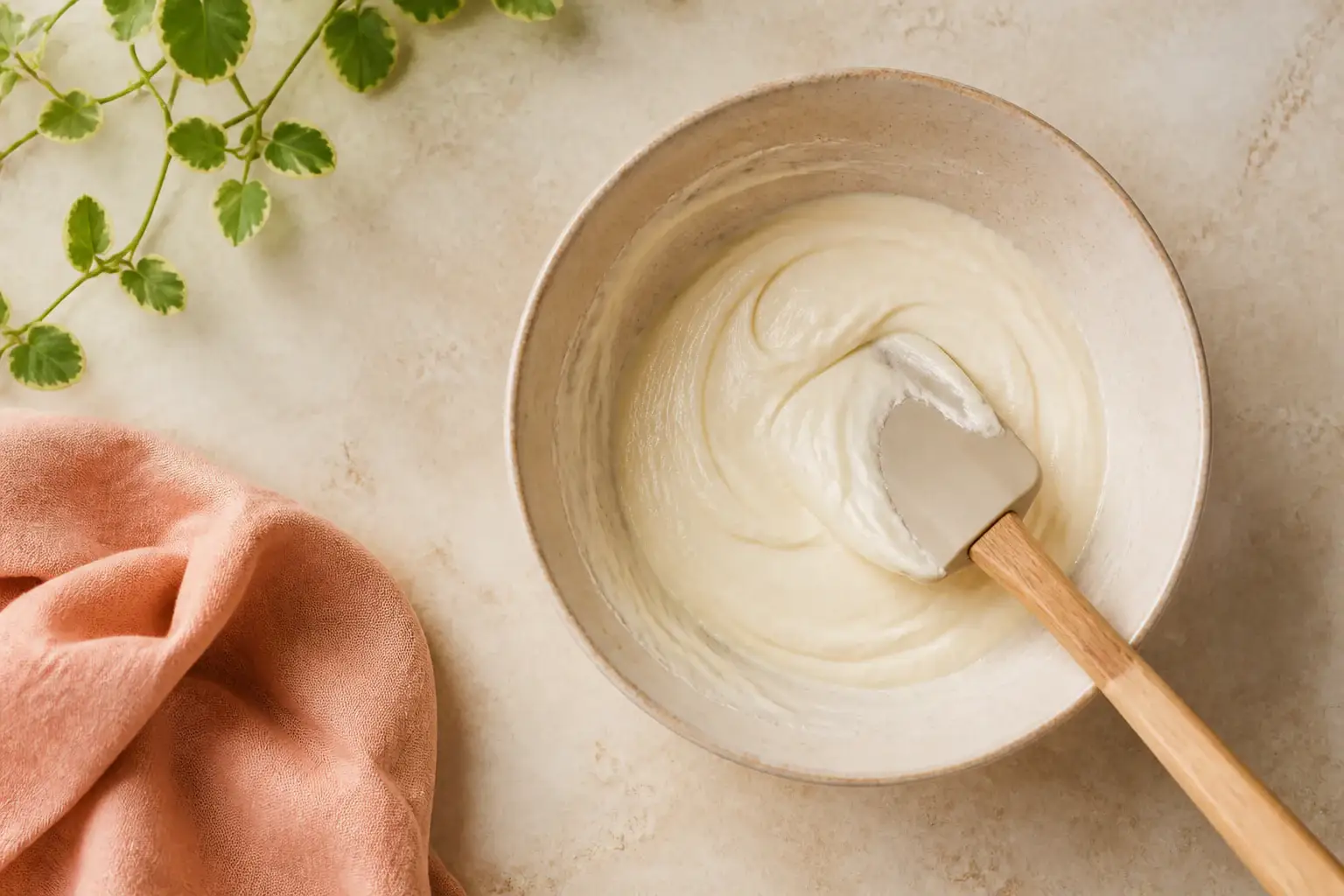 Espátula de cocina genérica junto a un bol con una mezcla suave