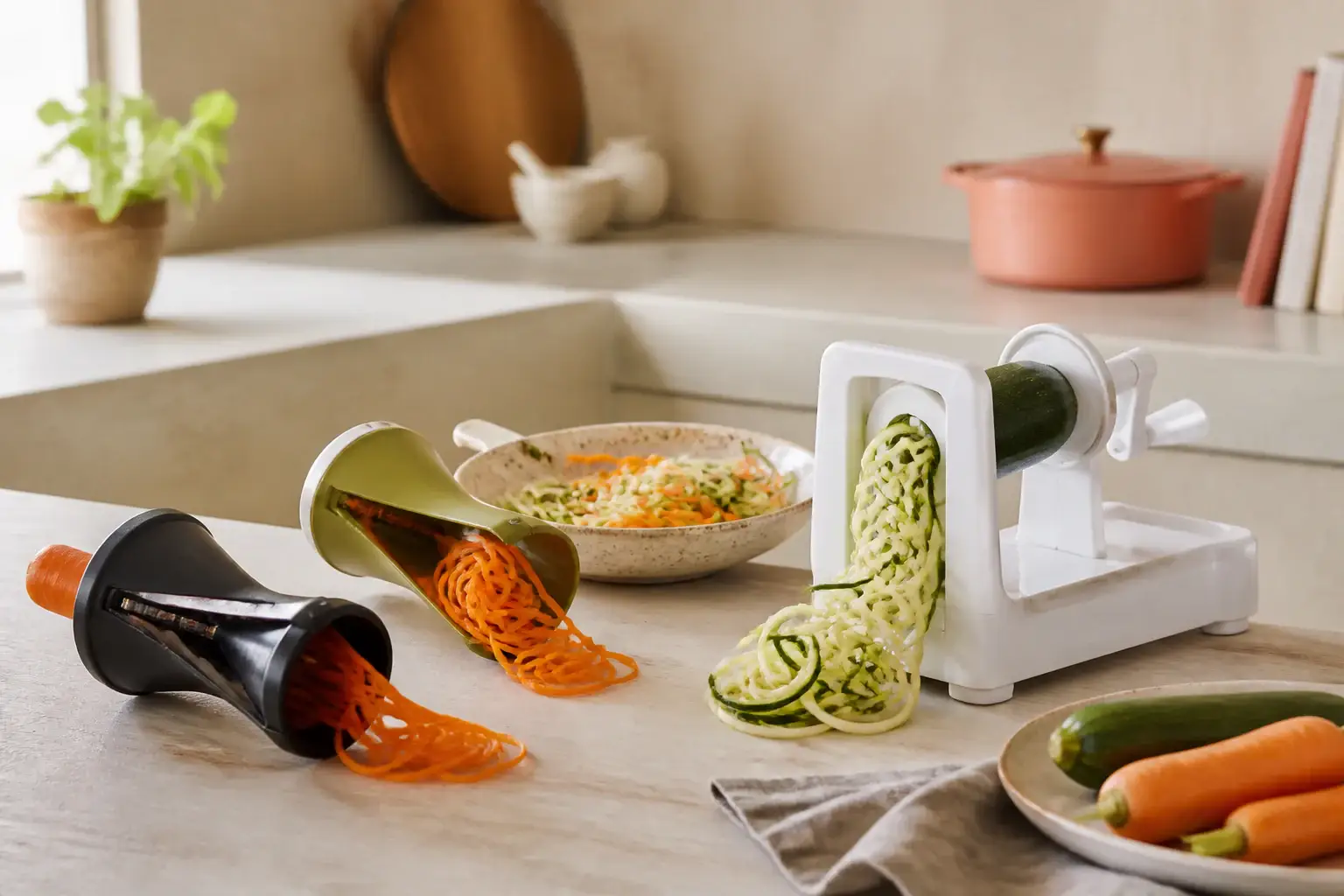 Qué espiralizador de verduras comprar representada con utensilios genéricos en una cocina doméstica