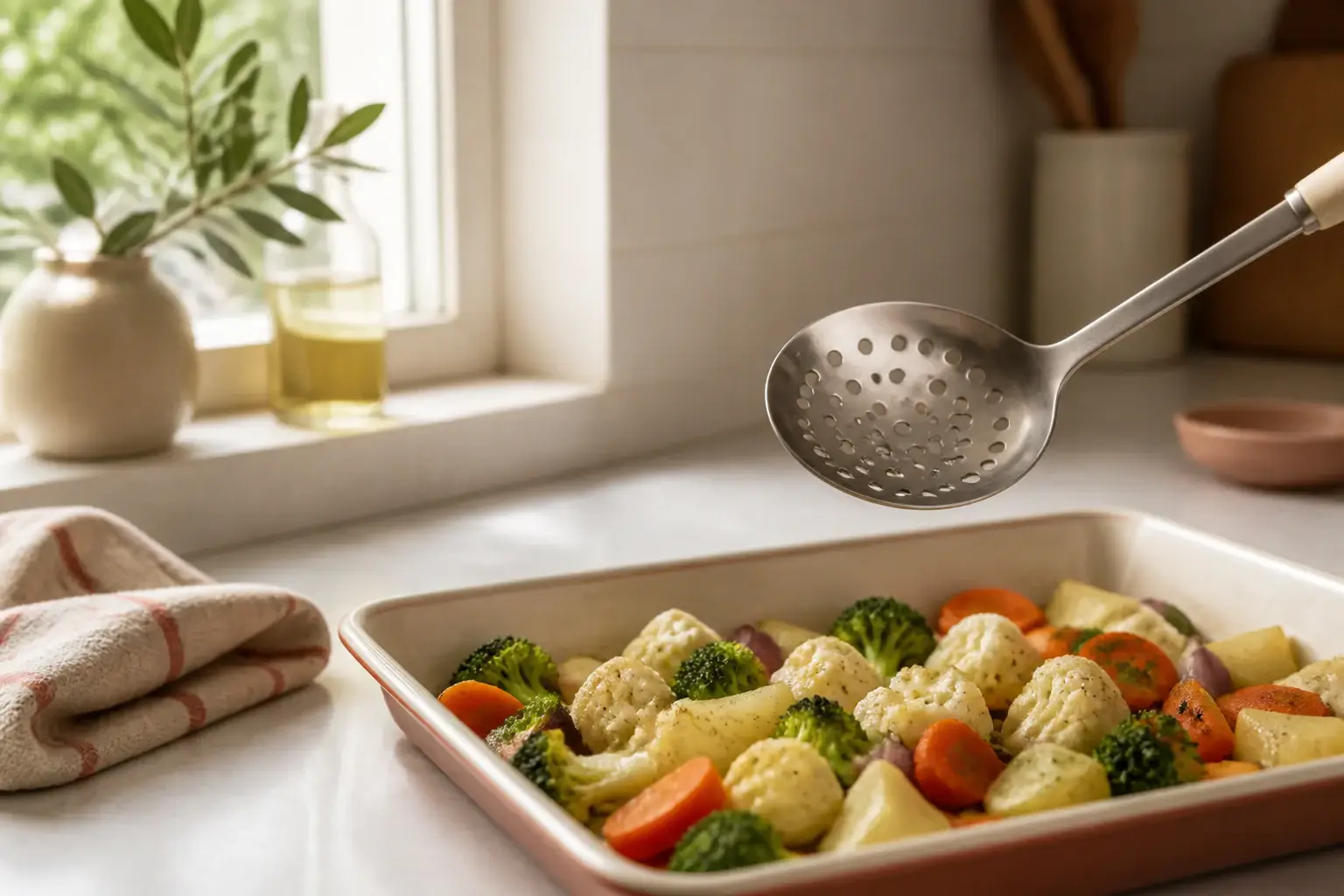 Espumadera genérica sobre una bandeja con verduras cocinadas