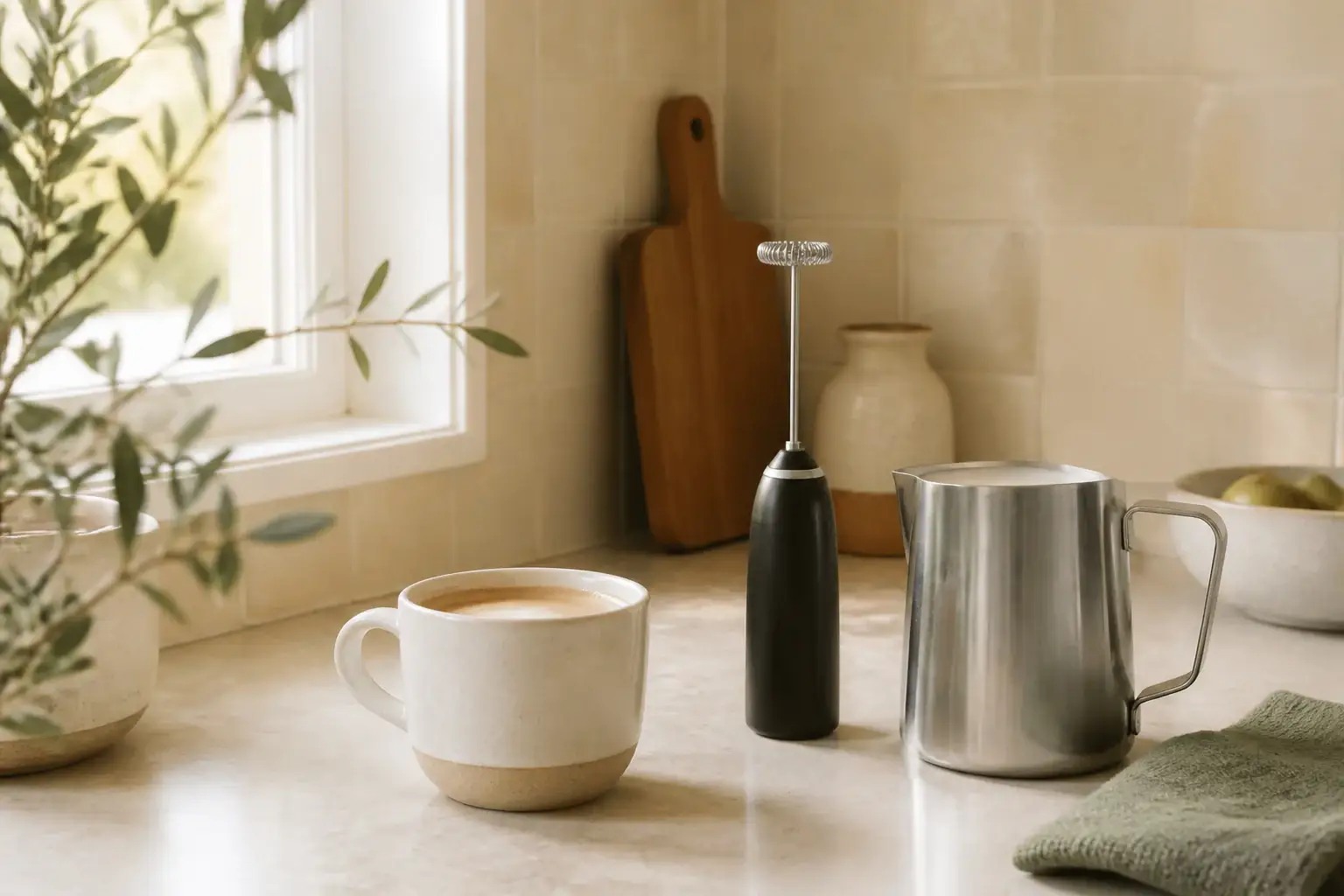 Jarra y espumador genéricos junto a una taza de café con leche