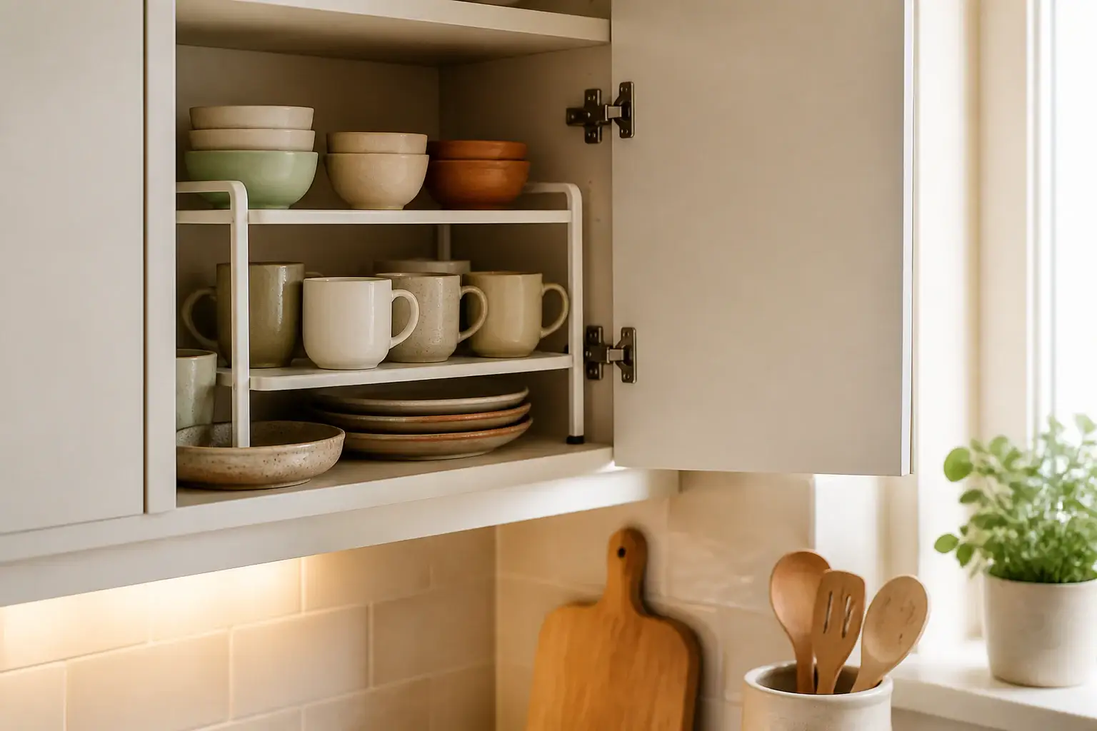 Qué estante adicional para armario comprar representada con utensilios genéricos en una cocina doméstica
