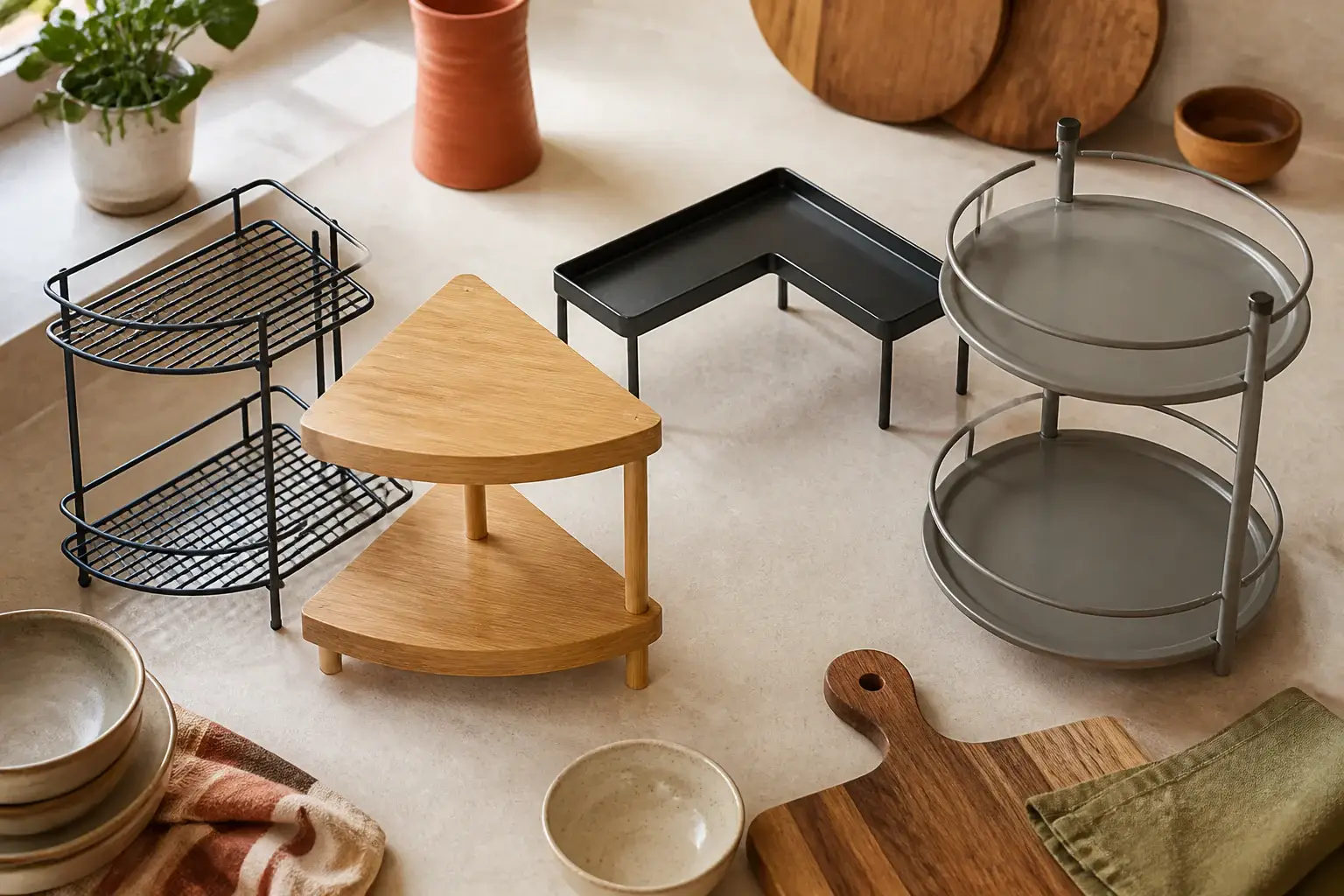 Qué estante esquinero para encimera comprar representada con utensilios genéricos en una cocina doméstica