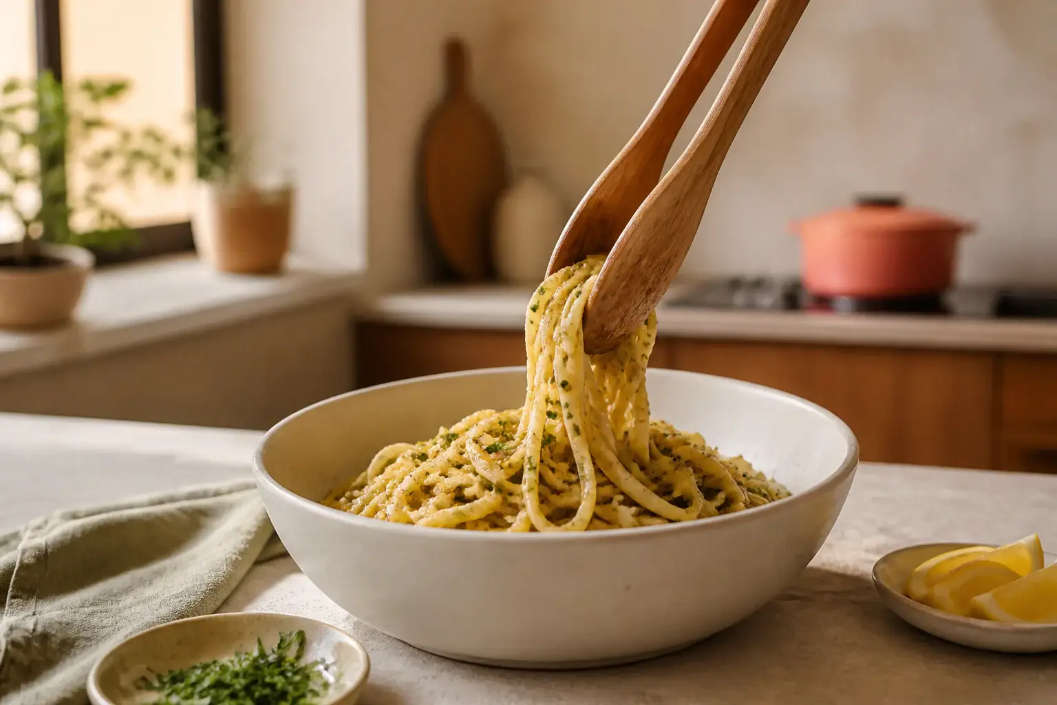 Utensilios genéricos sirviendo pasta desde una fuente de cerámica
