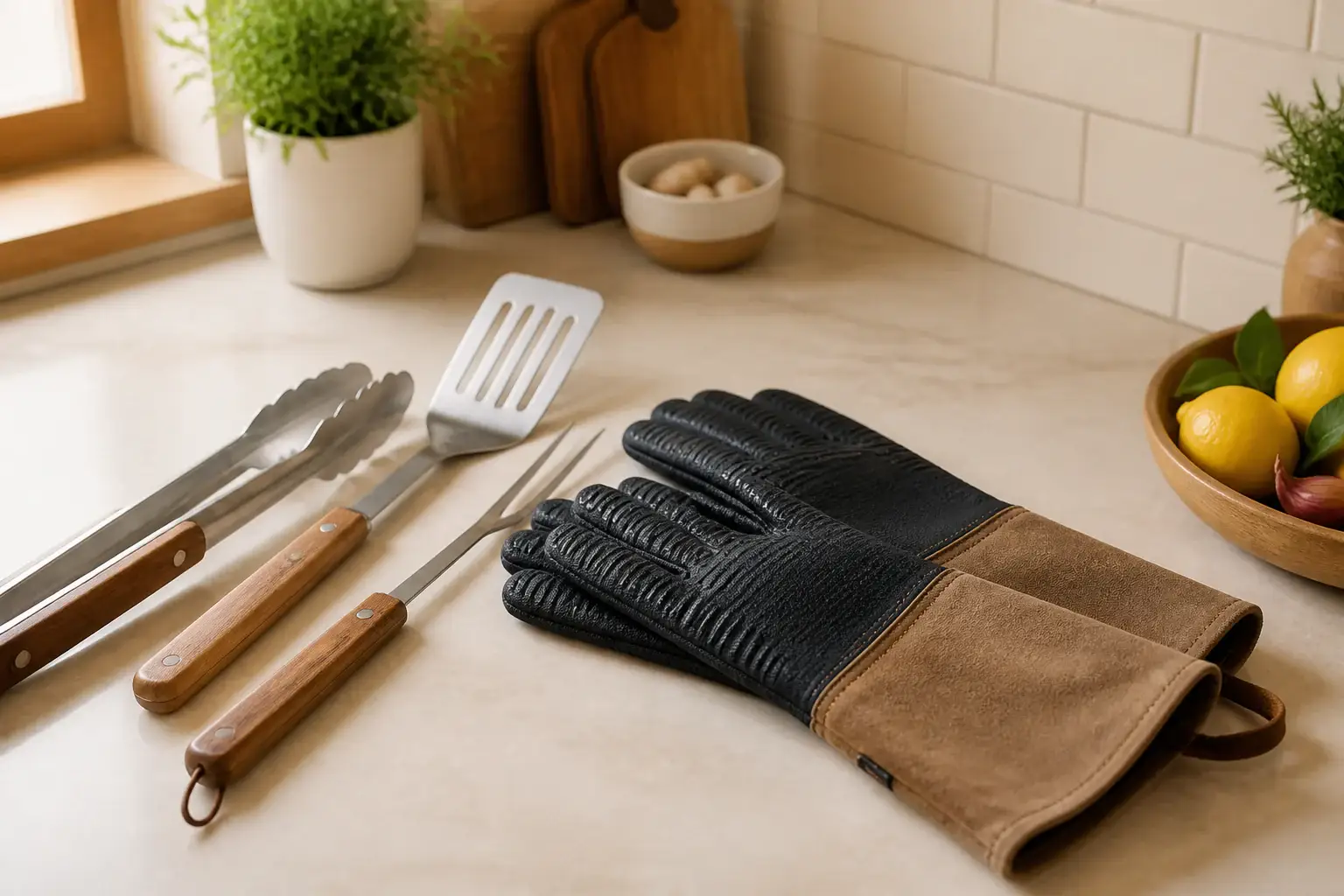 Guantes de cocina genéricos junto a utensilios de barbacoa sobre una mesa