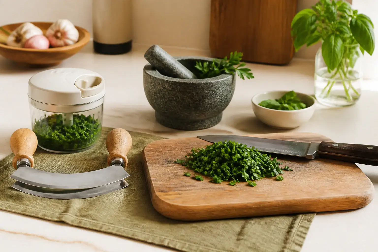Qué herramienta usar para picar hierbas representada con utensilios genéricos en una cocina doméstica